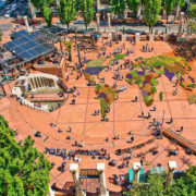 Bird's eye view of Pioneer Courthouse Square in Portland OR in the summer
